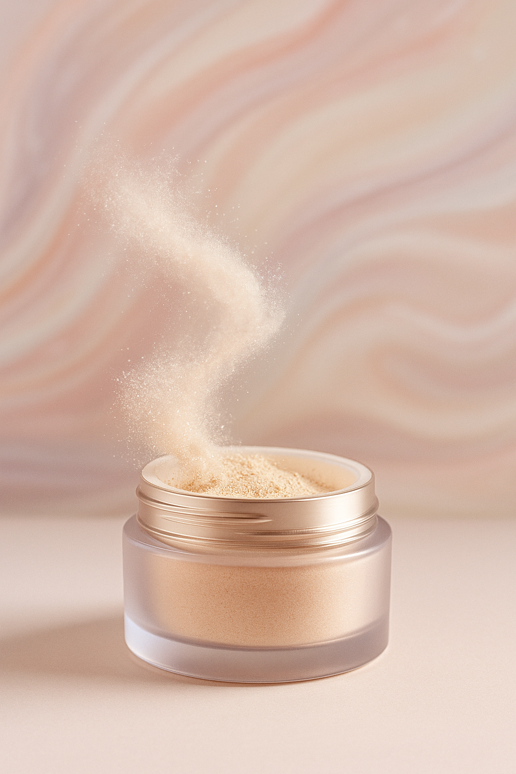 KVTIEpie Radiant Pearl Powder Foundation jar with swirling powder on pastel background