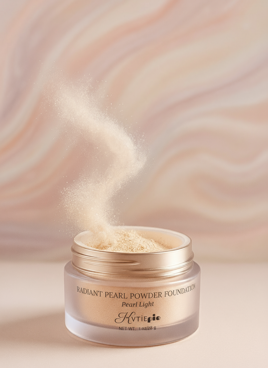 KVTIEpie Radiant Pearl Powder Foundation jar with swirling powder on pastel background