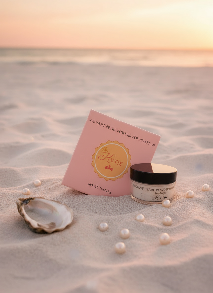 KVTIEpie Radiant Pearl Powder Foundation box on sandy beach with pearls at sunset
