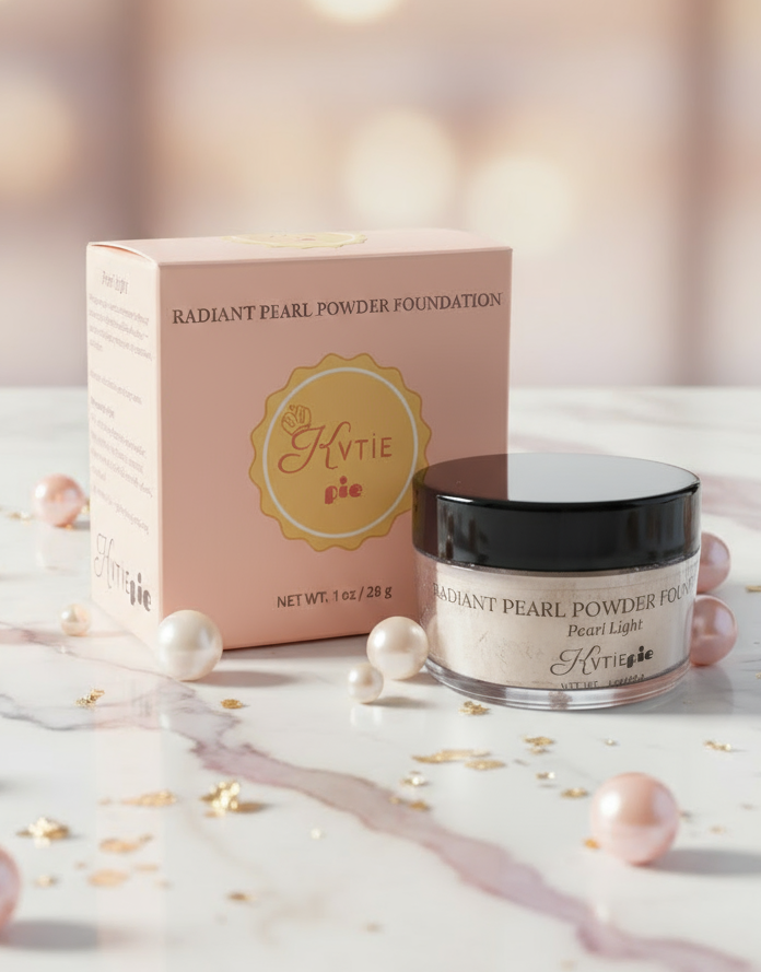KVTIEpie Radiant Pearl Powder Foundation box on marble with pearls – 1 oz / 28 g