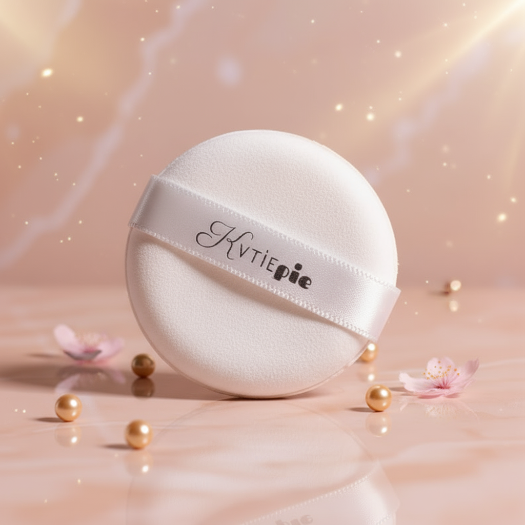 Velvet powder puff with KVTIEpie logo on blush satin background with gold pearls and blossoms