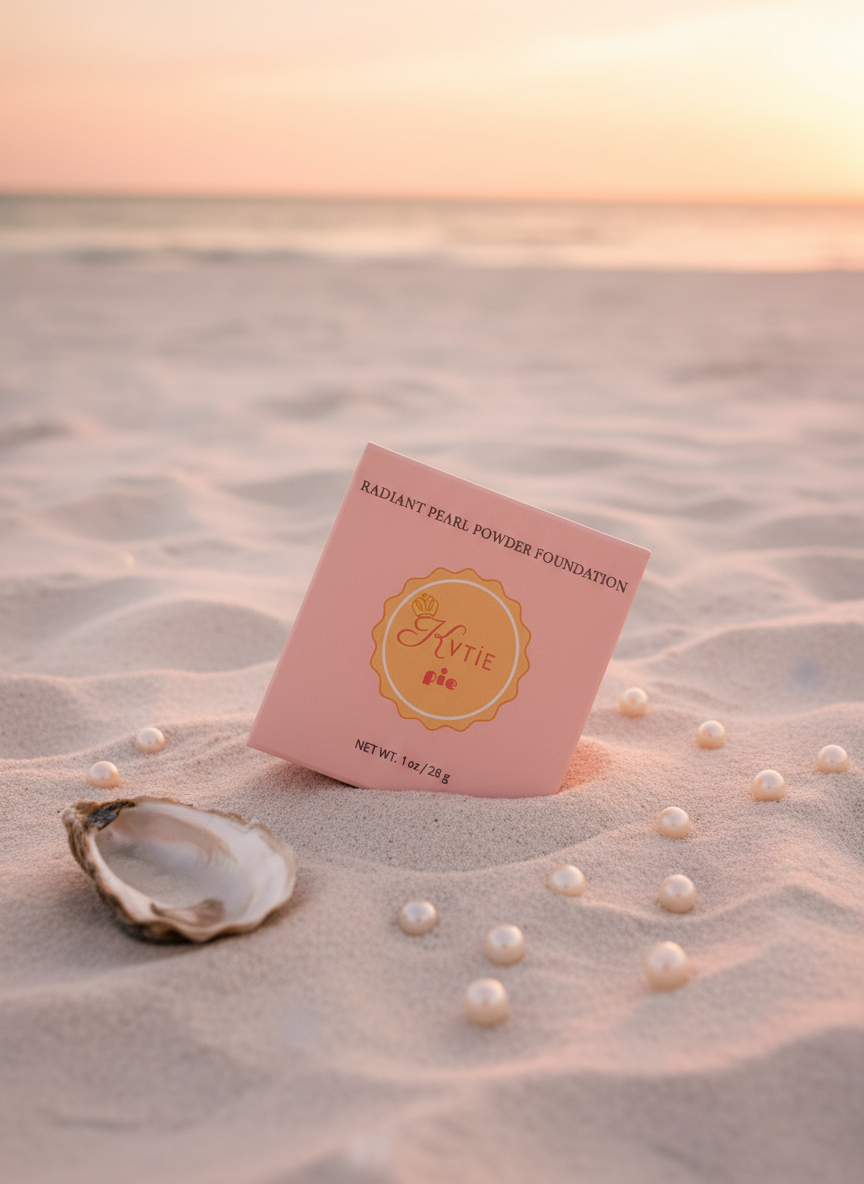 KVTIEpie Radiant Pearl Powder Foundation box on sandy beach with pearls at sunset
