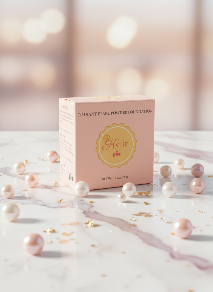 KVTIEpie Radiant Pearl Powder Foundation box on marble with pearls – 1 oz / 28 g

